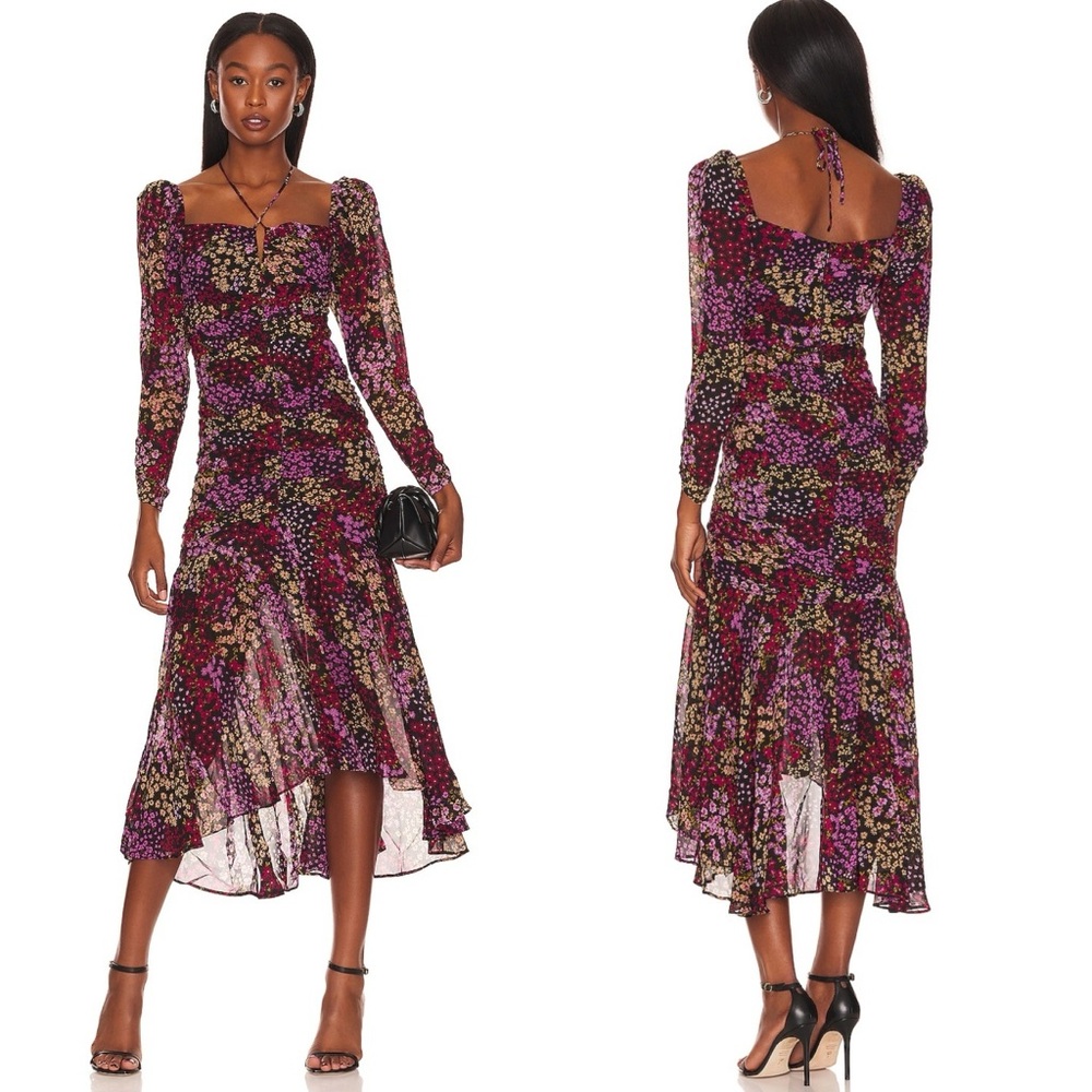 ASTR the Label Athena Midi Dress in Black & Red Multi Floral size XS